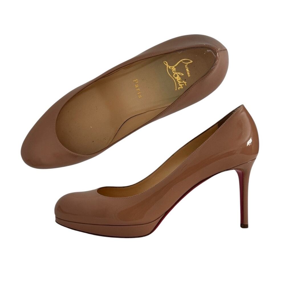 Christian Louboutin Nude Beige Patent Leather Red Bottom Pumps Heels Size 39